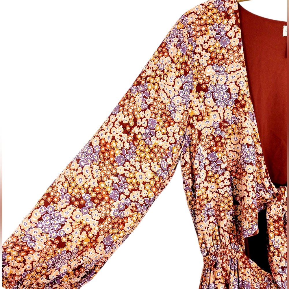 NWT L*SPACE Stay Golden Ditsy Floral Print Cut Out Tie Front Tiered Mini Dress L - Picture 4 of 10